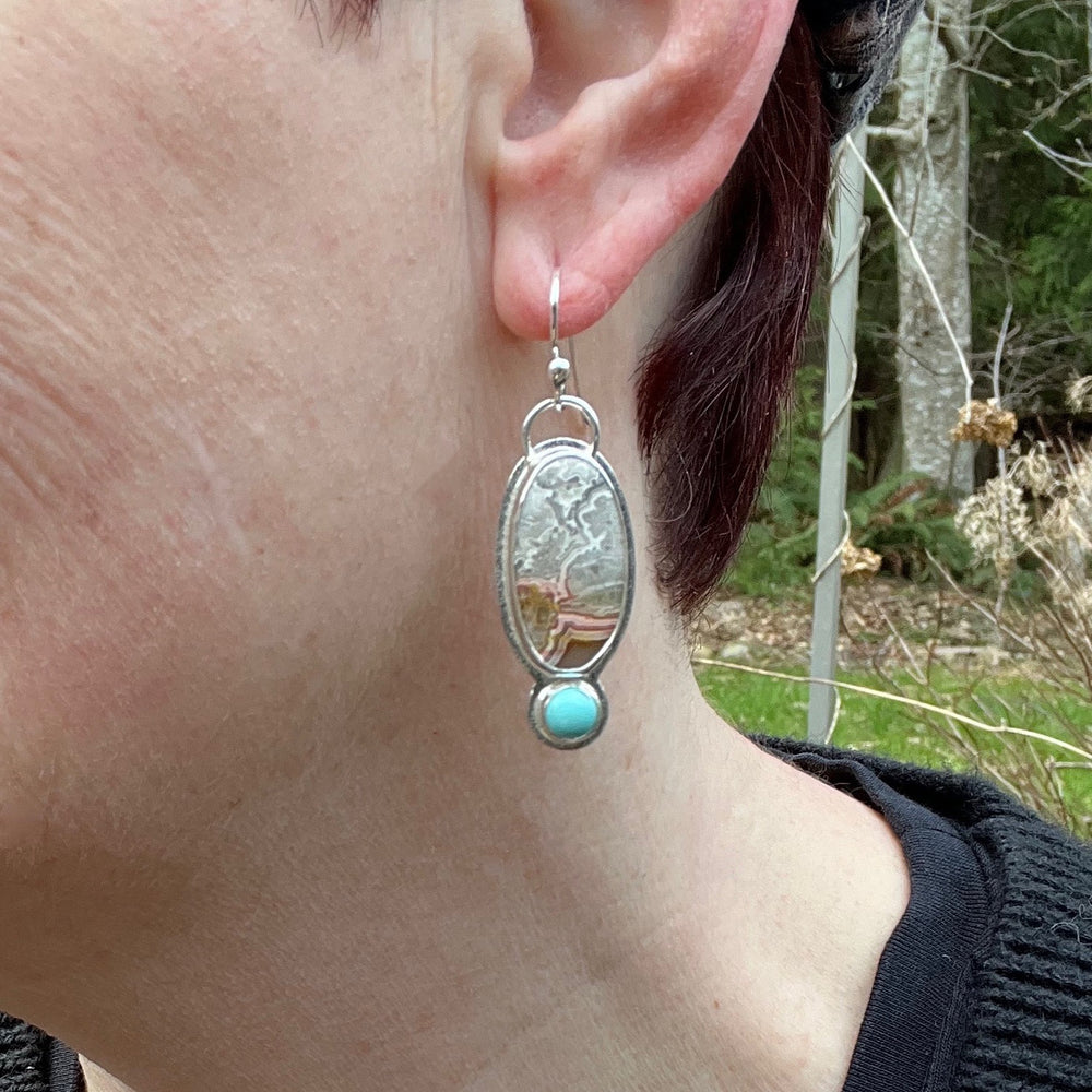 Crazy Lace Agate Earrings with Turquoise • Sterling Silver • Just Peachy Collection