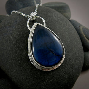 Large electric blue labradorite teardrop necklace in sterling silver by Mikel Grant Jewellery