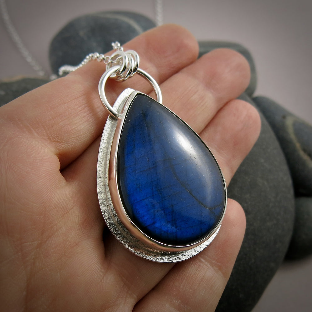 Large electric blue labradorite teardrop necklace in sterling silver by Mikel Grant Jewellery