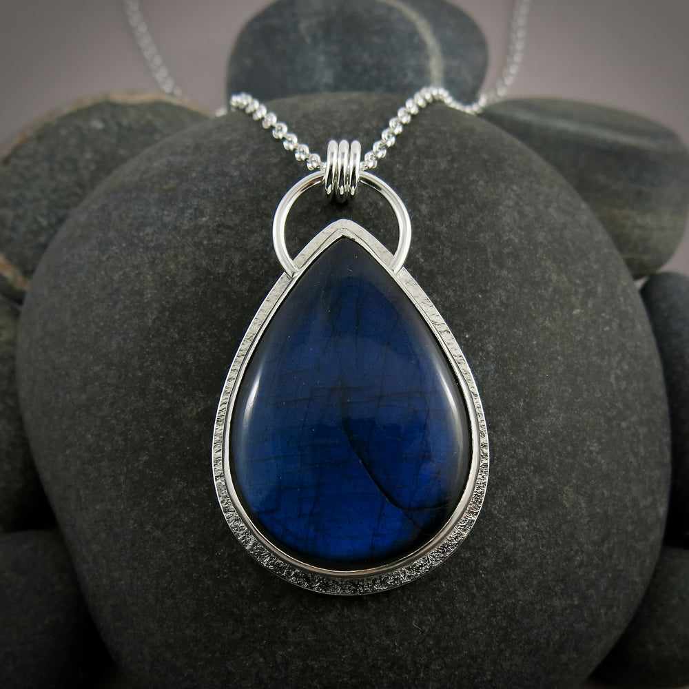 Large electric blue labradorite teardrop necklace in sterling silver by Mikel Grant Jewellery