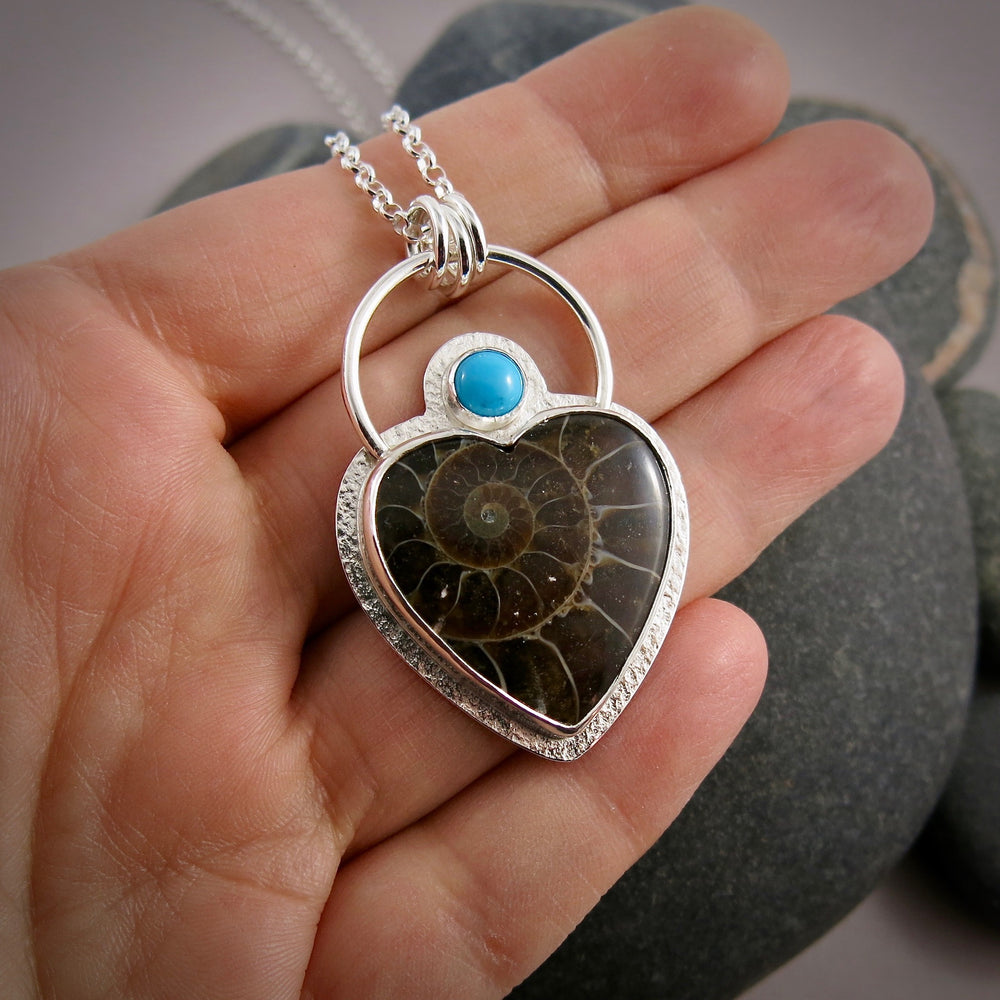 Fossil Ammonite Heart & Turquoise Necklace in Sterling Silver by Mikel Grant Jewellery