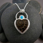 Fossil Ammonite Heart & Turquoise Necklace in Sterling Silver by Mikel Grant Jewellery