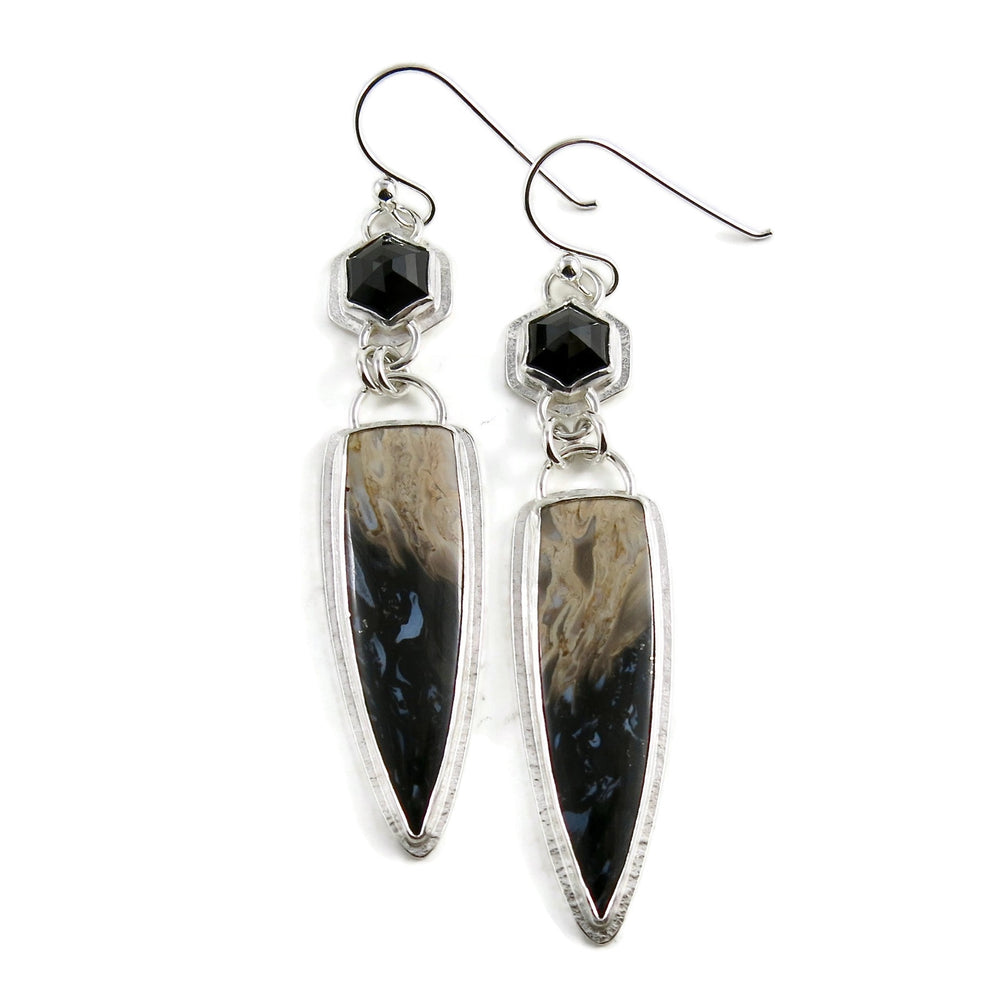 Blaze Earrings. Black and Tan Fossil Palm Wood & Hexagonal Step-Cut Black Spinel Earrings in Sterling Silver by Mikel Grant Jewellery