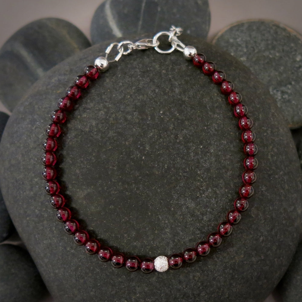 Garnet gemstone bead bracelet with sterling silver or 14K gold fill accents by Mikel Grant Jewellery