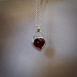 Carved garnet gemstone heart necklace in sterling silver by Mikel Grant Jewellery