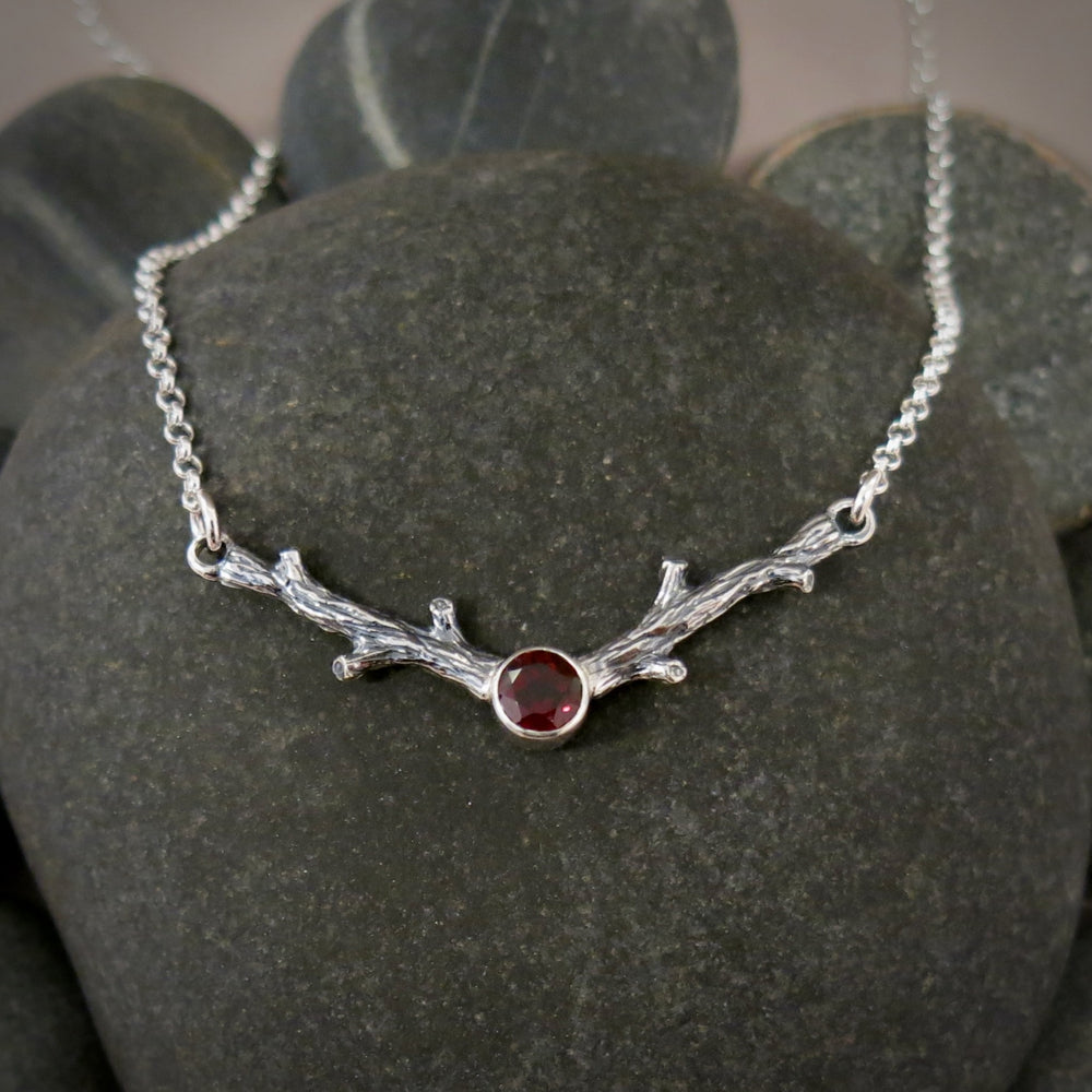 Silver twigs necklace with garnet by Mikel Grant Jewellery