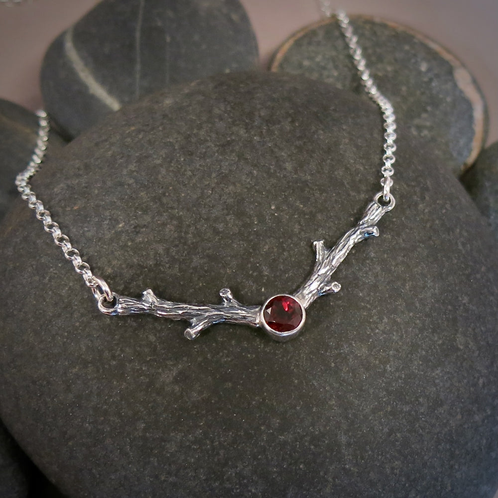 Silver twigs necklace with garnet by Mikel Grant Jewellery