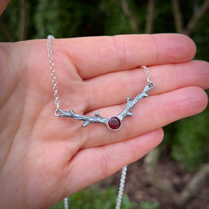 Silver twigs necklace with garnet by Mikel Grant Jewellery