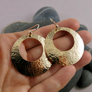 Big hammered gold disc hoop earrings by Mikel Grant Jewellery