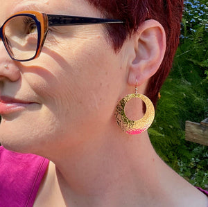 Big hammered gold disc hoop earrings by Mikel Grant Jewellery