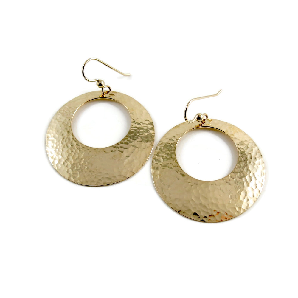 Big hammered gold disc hoop earrings by Mikel Grant Jewellery