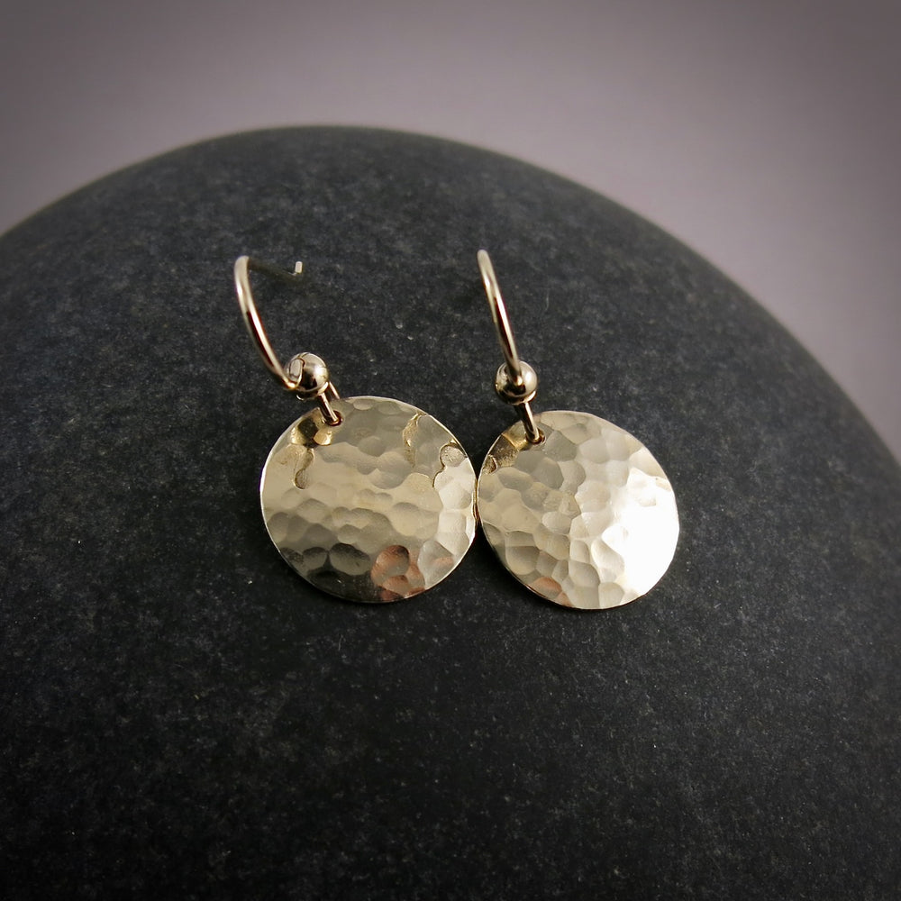 Gold Moondance Earrings by Mikel Grant Jewellery.   Hammer textured 14K Gold Filled Disc Earrings.