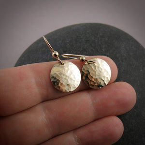 Gold Moondance Earrings by Mikel Grant Jewellery.   Hammer textured 14K Gold Filled Disc Earrings.