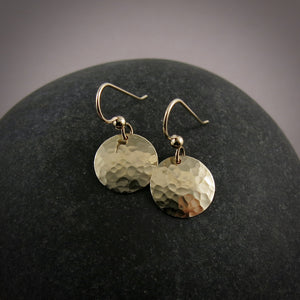 Gold Moondance Earrings by Mikel Grant Jewellery.   Hammer textured 14K Gold Filled Disc Earrings.