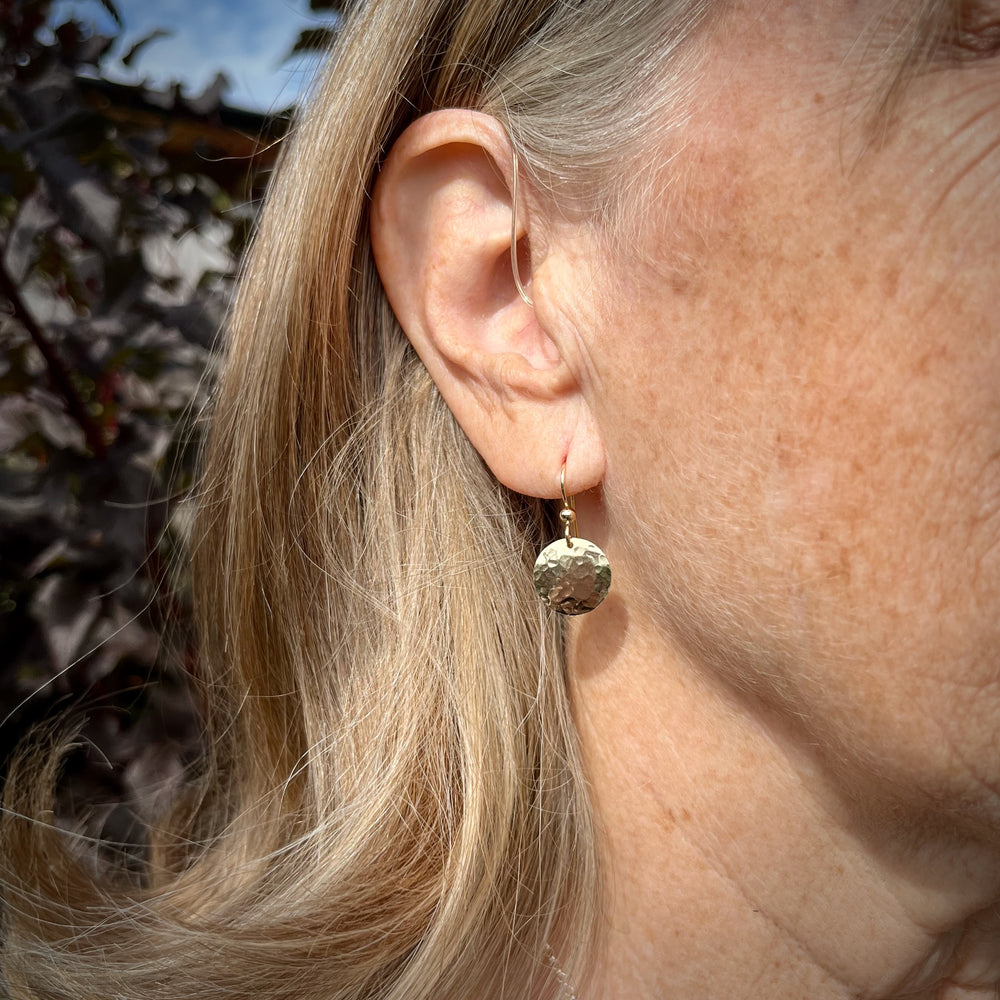 Gold Moondance Earrings by Mikel Grant Jewellery.   Hammer textured 14K Gold Filled Disc Earrings.