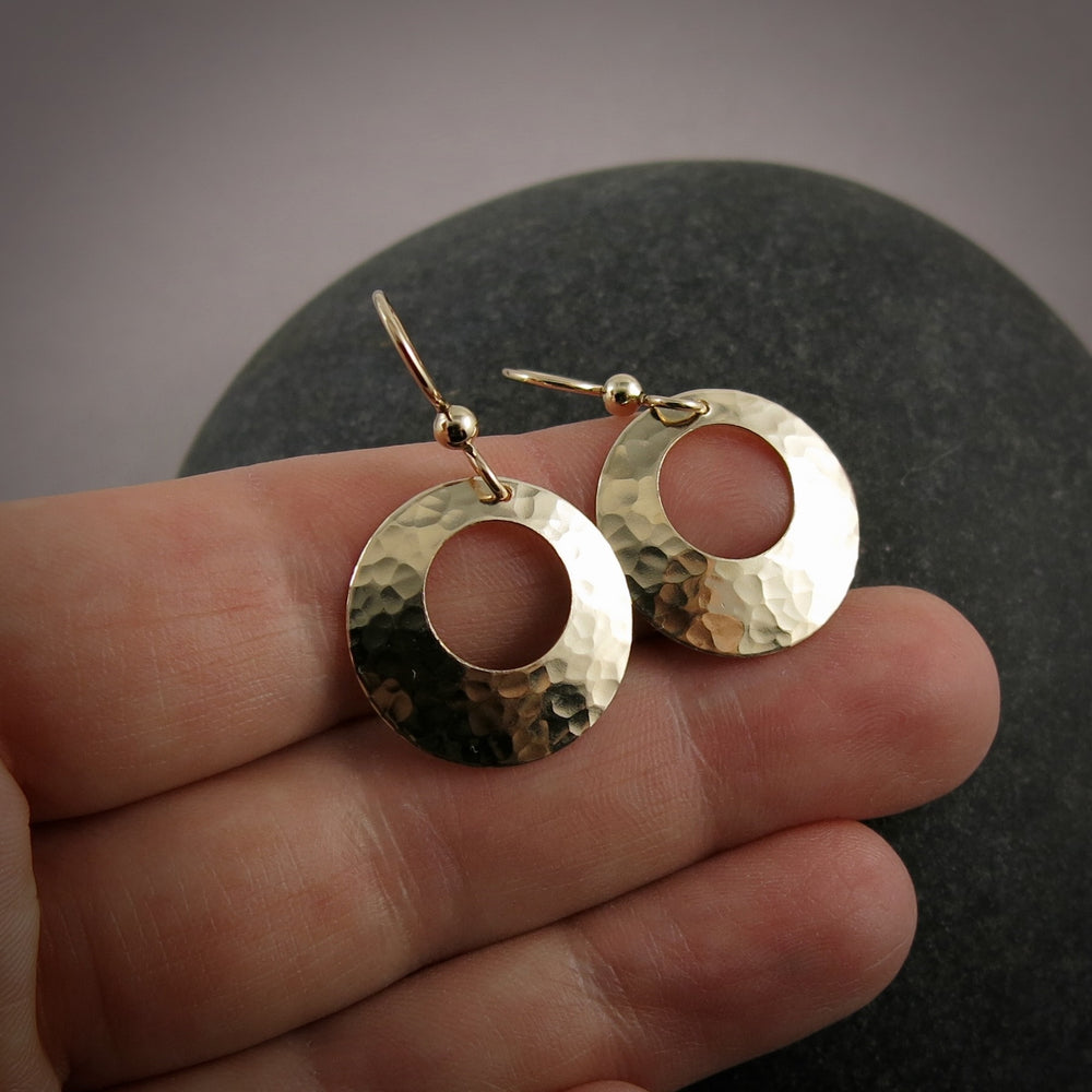 Gold Moondance Earrings by Mikel Grant Jewellery.  Hammer Textured 14K Gold Filled Disc Hoop Earrings.