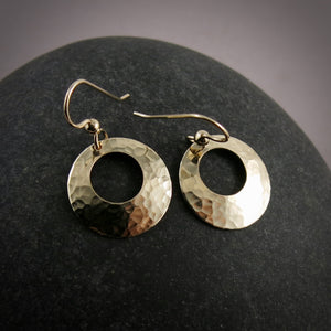 Gold Moondance Earrings by Mikel Grant Jewellery.  Hammer Textured 14K Gold Filled Disc Hoop Earrings.