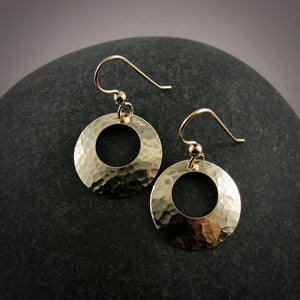 Gold Moondance Earrings by Mikel Grant Jewellery.  Hammer Textured 14K Gold Filled Disc Hoop Earrings.