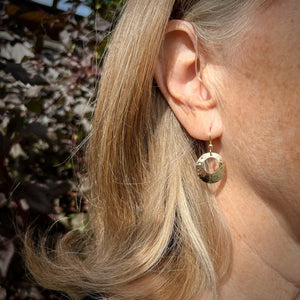 Gold Moondance Earrings by Mikel Grant Jewellery.  Hammer Textured 14K Gold Filled Disc Hoop Earrings.