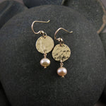 Hammer textured gold filled disc earrings with peach freshwater pearl drops by Mikel Grant Jewellery