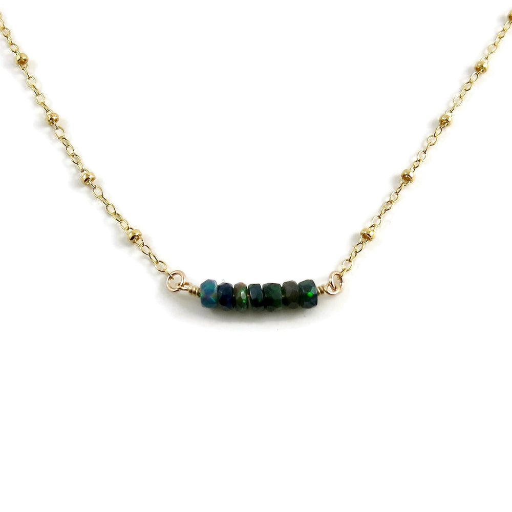 Gold satellite chain necklace with black opal beads by Mikel Grant Jewellery