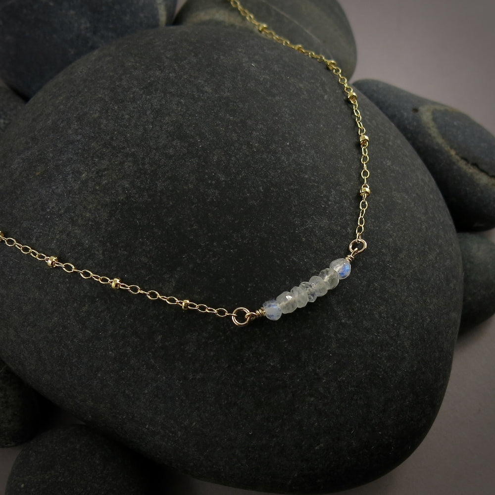 Gold Satellite Chain Necklace with Moonstone Beads by Mikel Grant Jewellery