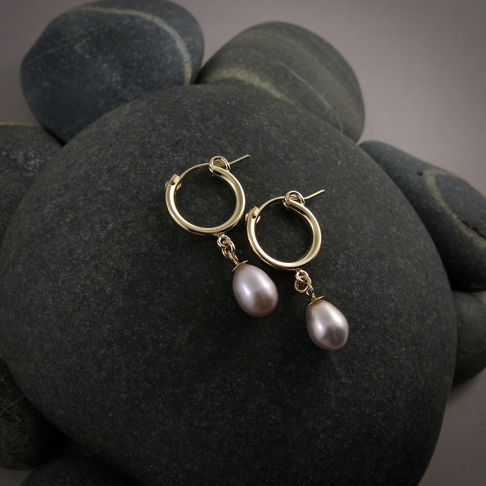 Gold Tube Hoop Earrings with Pink Freshwater Pearl Drops by Mikel Grant Jewellery