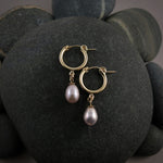 Gold Tube Hoop Earrings with Pink Freshwater Pearl Drops by Mikel Grant Jewellery