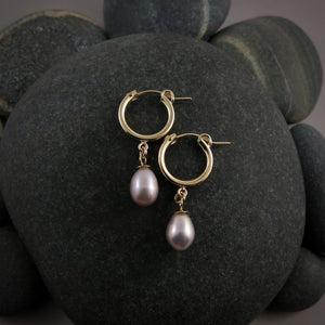 Gold Tube Hoop Earrings with Pink Freshwater Pearl Drops by Mikel Grant Jewellery