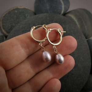 Gold Tube Hoop Earrings with Pink Freshwater Pearl Drops by Mikel Grant Jewellery