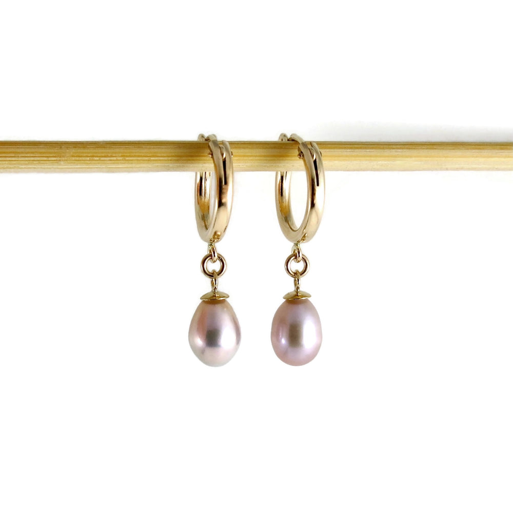 Gold Tube Hoop Earrings with Pink Freshwater Pearl Drops by Mikel Grant Jewellery