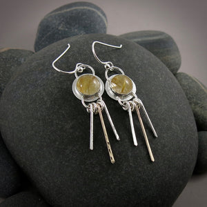 Golden Rutilated Quartz Earrings with Silver and Gold Fringe in Sterling Silver by Mikel Grant Jewellery