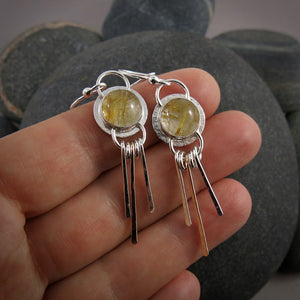 Golden Rutilated Quartz Earrings with Silver and Gold Fringe in Sterling Silver by Mikel Grant Jewellery