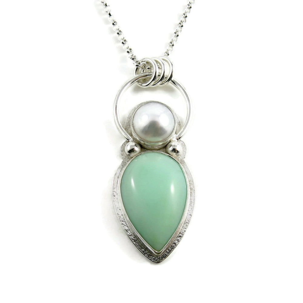 Green opal and white pearl goddess necklace in sterling silver by Mikel Grant Jewellery