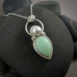 Green opal and white pearl goddess necklace in sterling silver by Mikel Grant Jewellery