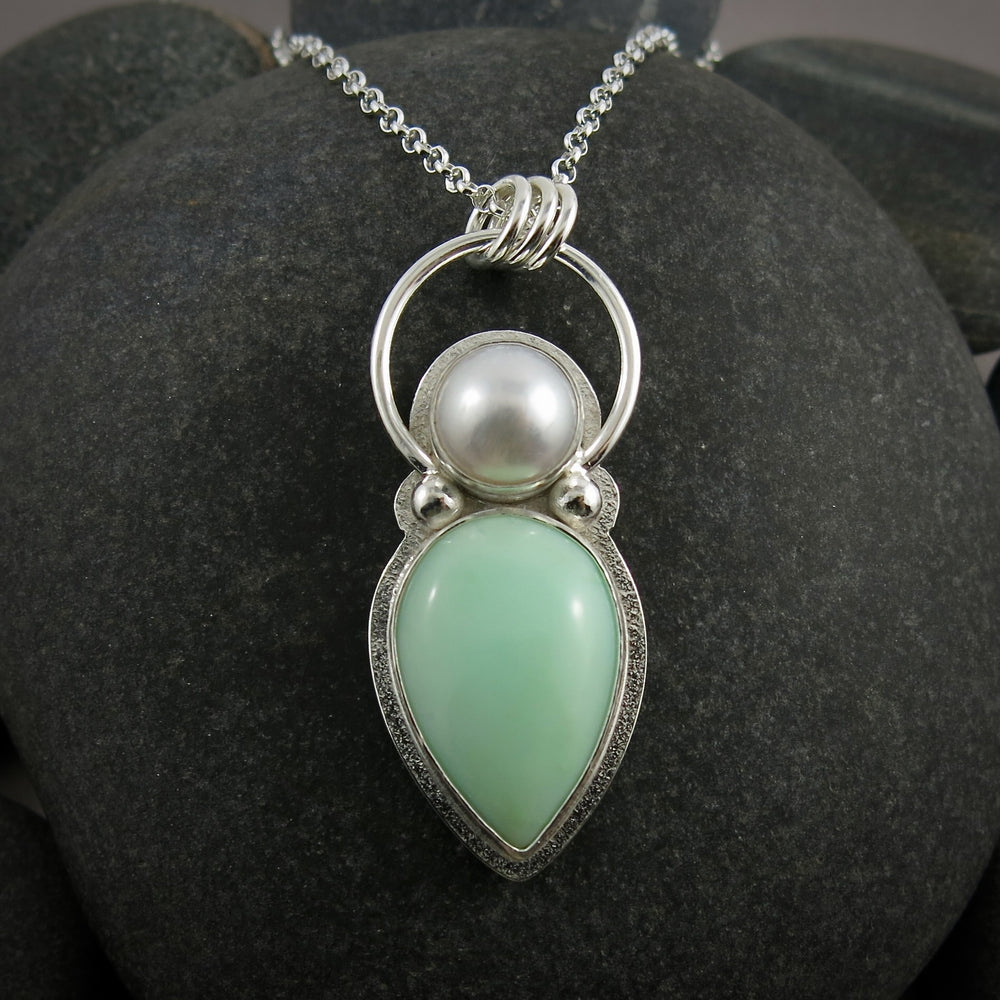 Green opal and white pearl goddess necklace in sterling silver by Mikel Grant Jewellery