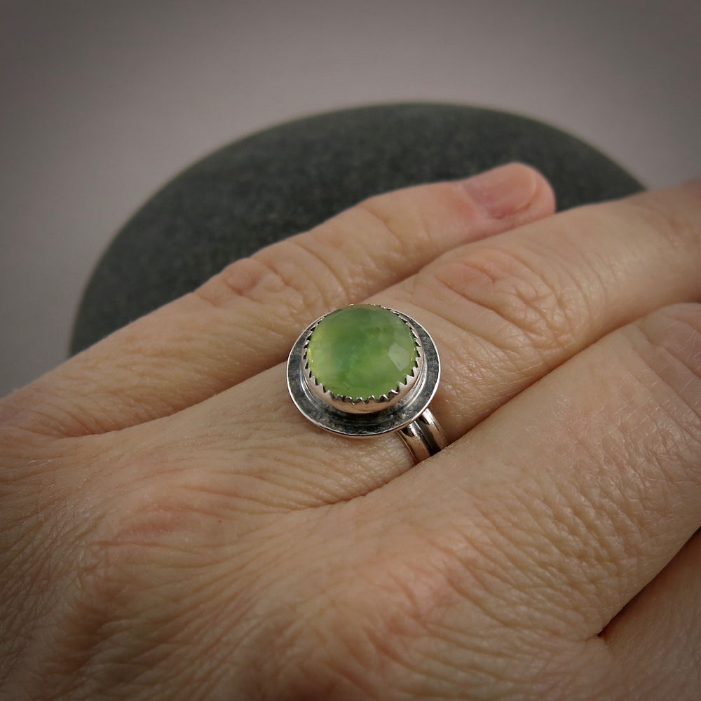Mossy Green Rose Cut Prehnite Halo Ring in Sterling Silver by Mikel Grant Jewellery