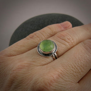 Mossy Green Rose Cut Prehnite Halo Ring in Sterling Silver by Mikel Grant Jewellery