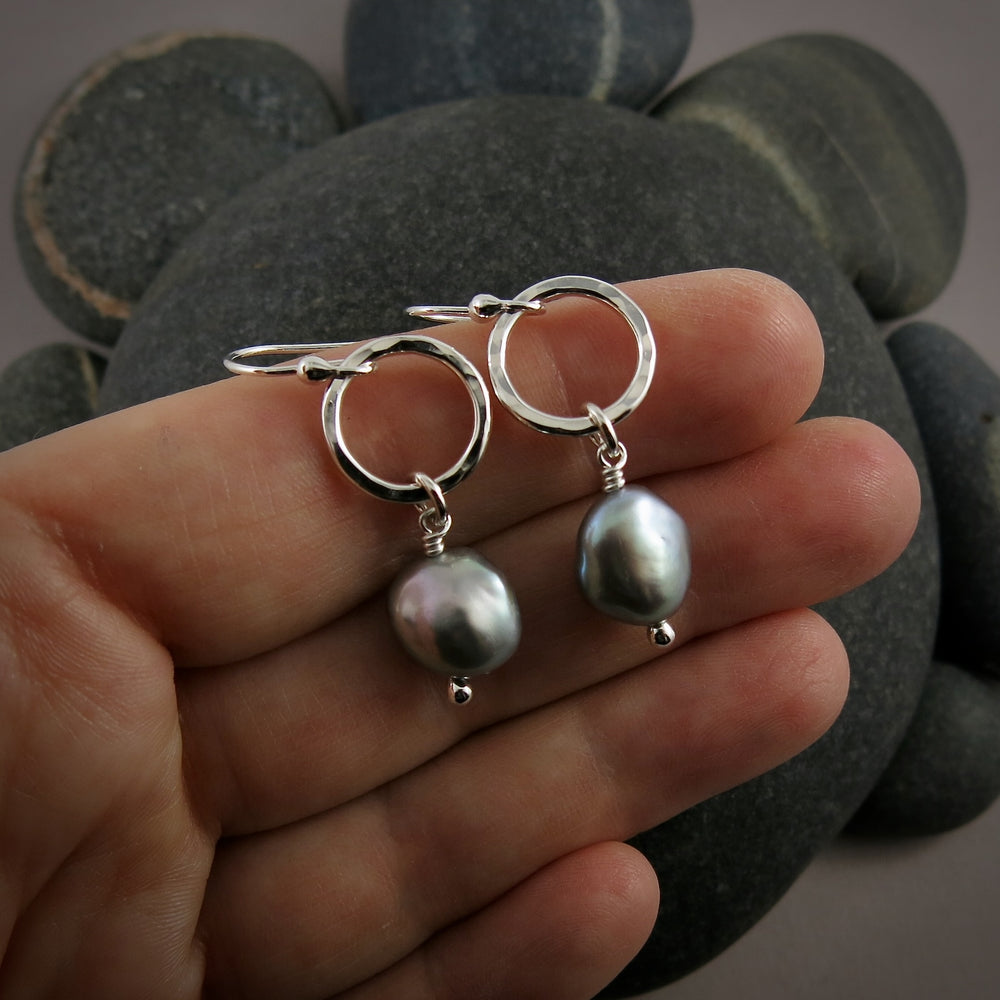 Gray Baroque Pearl Circle Drop Earrings in Sterling Silver by Mikel Grant Jewellery