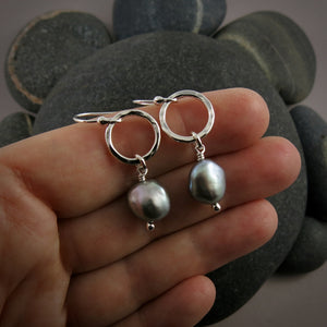 Gray Baroque Pearl Circle Drop Earrings in Sterling Silver by Mikel Grant Jewellery