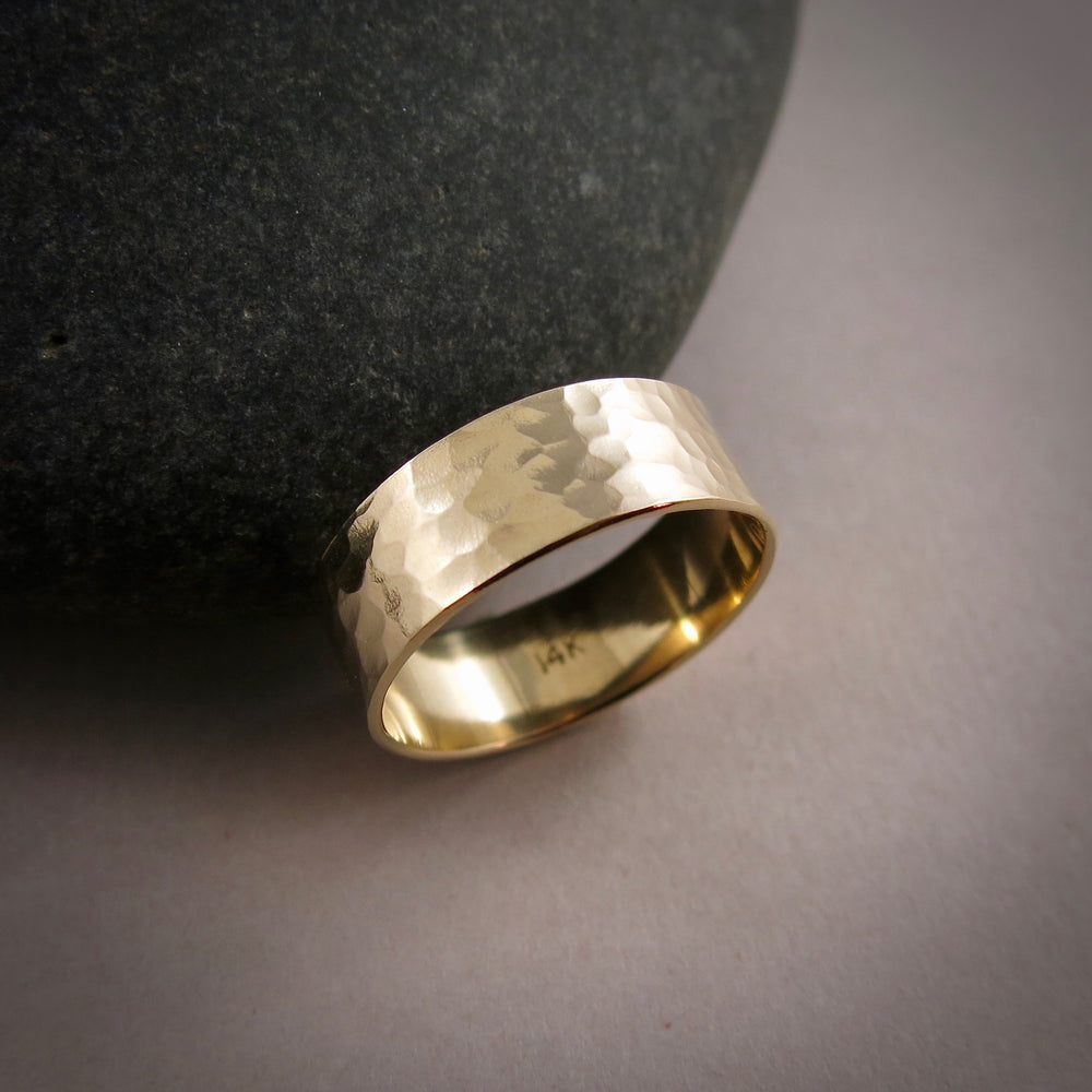 14K Gold Hammer Textured Wedding Band by Mikel Grant Jewellery. Medium width gold band.