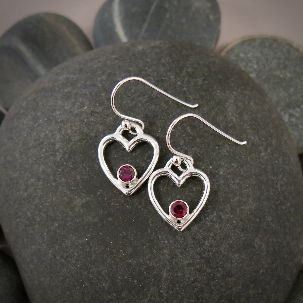 Silver heart earrings with rhodolite garnets by Mikel Grant Jewellery