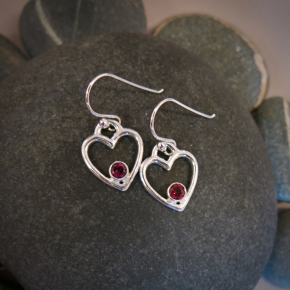 Silver heart earrings with rhodolite garnets by Mikel Grant Jewellery