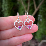 Silver heart earrings with rhodolite garnets by Mikel Grant Jewellery