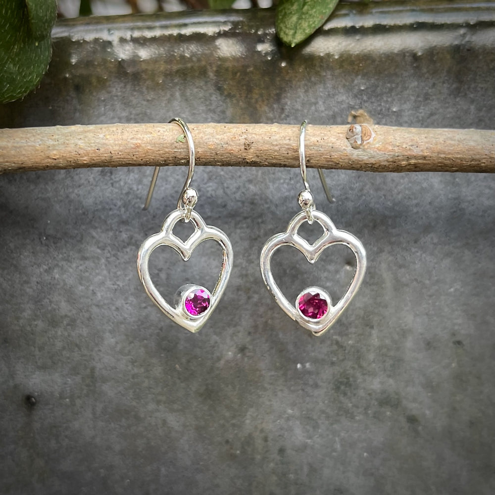 Silver heart earrings with rhodolite garnets by Mikel Grant Jewellery