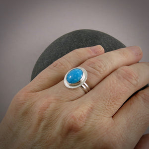 Bright blue Kingman mine turquoise ring in sterling silver by Mikel Grant Jewellery