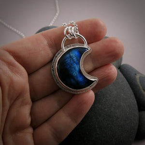 Labradorite crescent moon necklace in sterling silver by Mikel Grant Jewellery