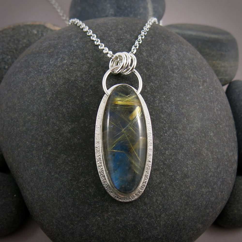 Labradorite and golden rutilated quartz doublet necklace in sterling silver by Mikel Grant Jewellery