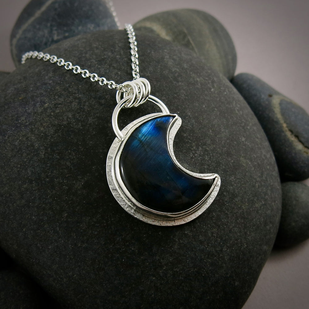 Labradorite crescent moon necklace in sterling silver by Mikel Grant Jewellery