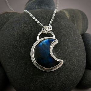 Labradorite crescent moon necklace in sterling silver by Mikel Grant Jewellery